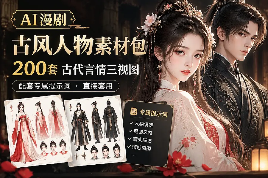 AI漫剧古风人物素材包+提示词|200 套古代言情三视图,配套专属提示词短剧主角配角直接套用|码小屋