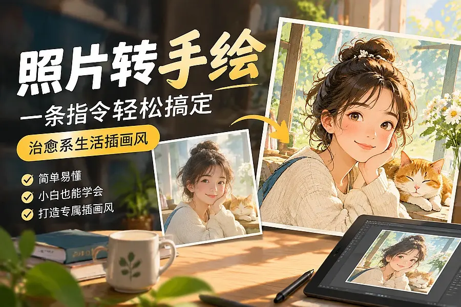 照片转手绘插画提示词怎么写?一个指令生成治愈系生活画风|码小屋